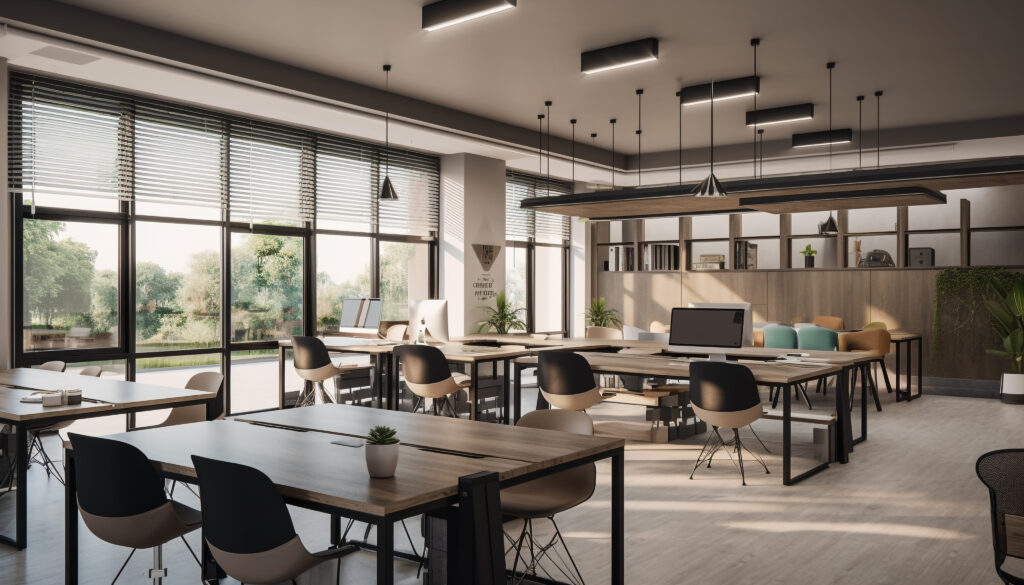 Modern open-plan office with wooden desks, computer monitors and large windows